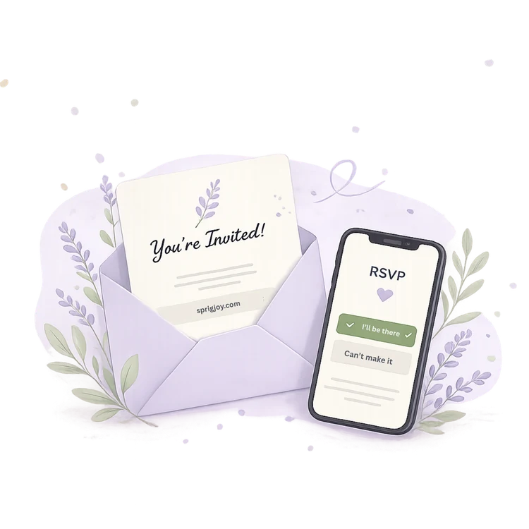 Illustration of an invitation in an envelope beside a phone showing RSVP options